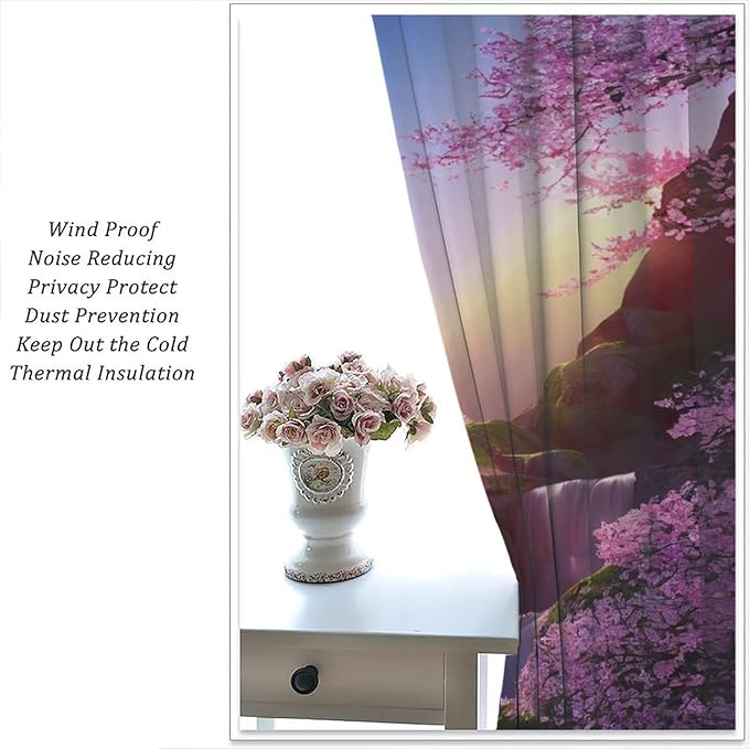 Landscape Waterfall Blackout Curtains, Watercolor Blossom Cherry Flower Forest Pattern Rod Pocket Window Drapes, for Bedroom Living Room 52" W X 84" L