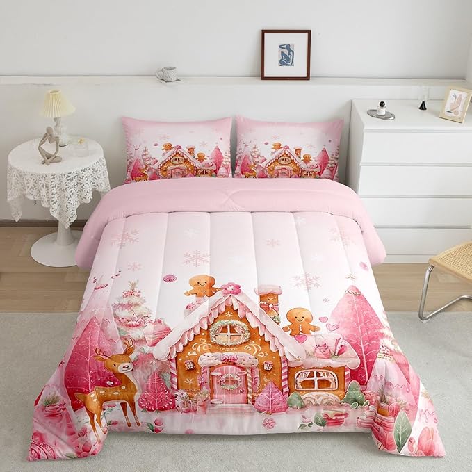 jejeloiu Kids Christmas Theme Comforter Set Toddler Cute Deer Gingerbread Man Bedding Set for Boys Girls Teens Pink Xmas Tree Candy House Snowflake Winter Duvet Quilt Room Decor