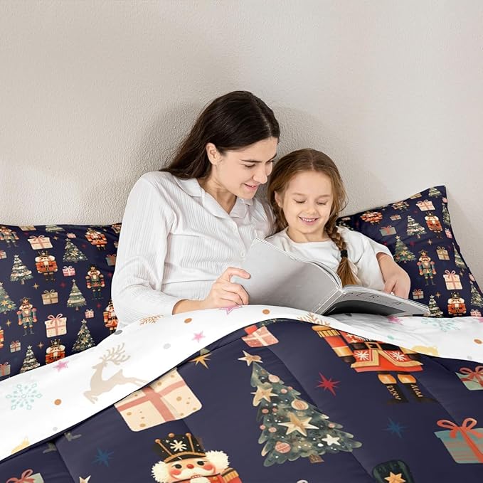 jejeloiu Xmas Nutcracker Comforter Set Full Size Christmas Dark Blue Bedding Set for Kids Boys Girls Cute Snowflakes Duvet Quilt Bedroom Decor