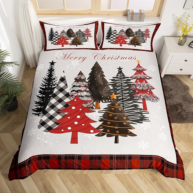 Merry Christmas Duvet Cover Set Queen Size,Xmas Tree Winter Snowflake Cabin Rustic Bedding Set,Boys Girls Room Decor,Geometric Grids Patch Comforter Cover,Grey Quilt Cover,2 Pillowcases,No Comforter