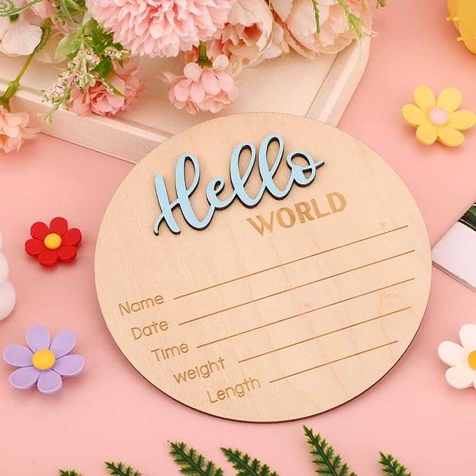 Newborn Announcement Sign, 15cm/5.9in Wooden Hello World Newborn Sign Birth Baby Name Plaques for Boys and Girls Baby Shower Photo Props or Hospital Nursery Decor (Blue)