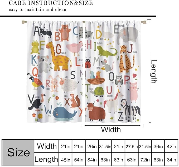Alphabet Kids Learning Curtains Cartoon Animal Baby Boys Child Educational Curtain with Rod Pocket for Bedroom Nursery Home Decor Drapes Window Treatments 2 Panels Set 55" W X 63" L