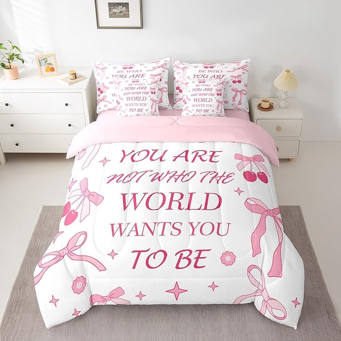 7 Pieces Pink Bowknot Kids Comforter Set Twin,Cherry Tropical Fruit Cute Princess Bedding Set,Bow Tie Stars Daisy Floral Romantic（Comforter+Fitted+Flat Sheet+2 Pillowcases+2 Throw Pillow Covers）