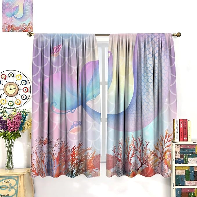 Dream Mermaid Curtains Colorful Mermaid Fish Tail Scale Fantasy Ocean Theme Beautiful Kids Window Treatment for Girls Bedroom Nursery Room Decor Rod Pocket Window Drapes 55x63in