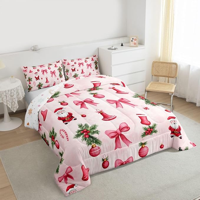 Feelyou Santa Claus Bedding Set Soft for Boys Girls, Pink Bow Comforter Set Full Size Christmas Ornament Duvet Quilt Microfiber Candy Cane Bedroom Decor Holly Berry 3 Pcs with 2 Pillow Cases