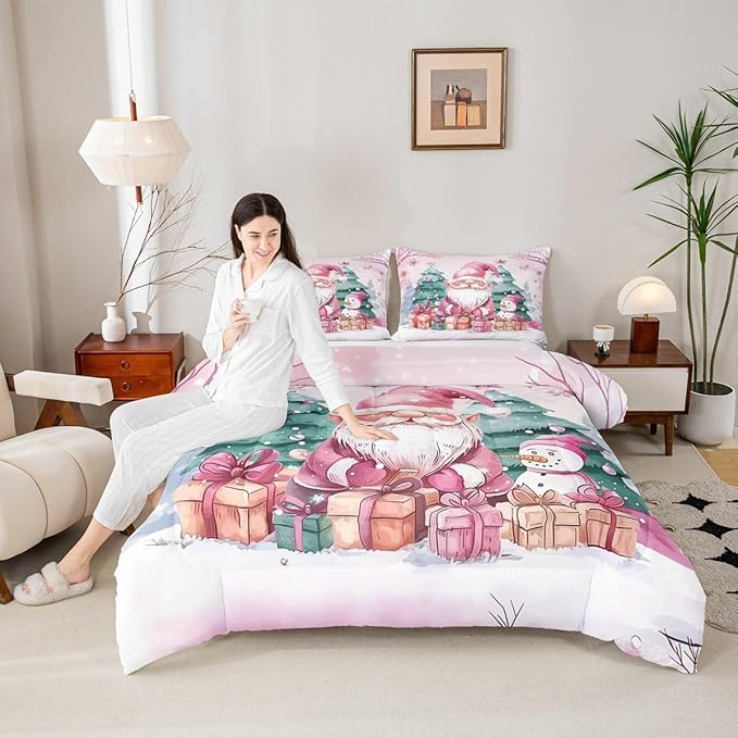Feelyou Pink Christmas Comforter Set All Season Santa Claus Bedding Set with 2 Pillow Cases Cute Snowflake Kids Full Bedclothes Merry Christmas Tree and Snowman Decor Duvet Quilt Soft