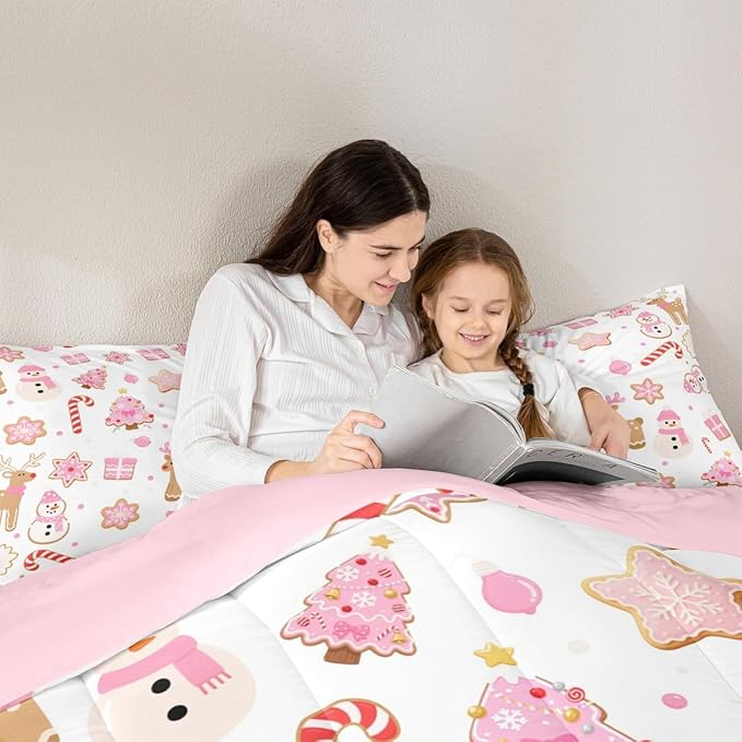 Feelyou Pink Christmas Comforter Set Queen Size Snowman Deer Bedding Set for Kids Boys Girls Snowflake Duvet Quilt Bedroom Decor Microfiber 3 Pcs with 2 Pillow Cases