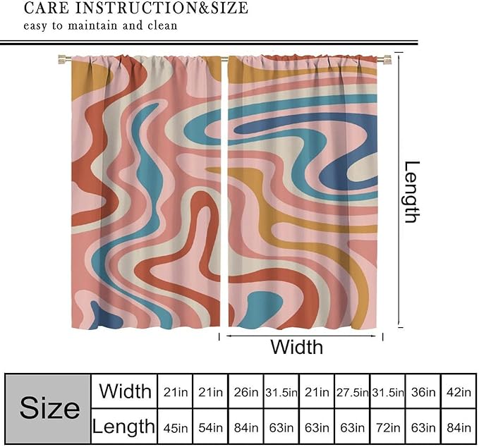 70S Abstract Wavy Swirl Curtain for Bedroom Windows,Retro Boho Minimal Teen Girls Kids Living Room Restroom Window Treatments Drapes 63" W X 72" L