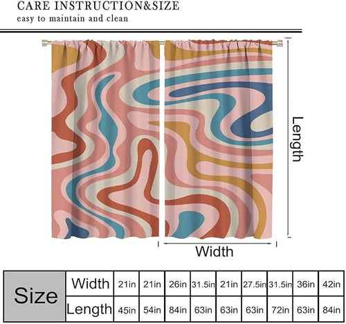 70S Abstract Wavy Swirl Curtain for Bedroom Windows,Retro Boho Minimal Teen Girls Kids Living Room Restroom Window Treatments Drapes 84" W X 84" L