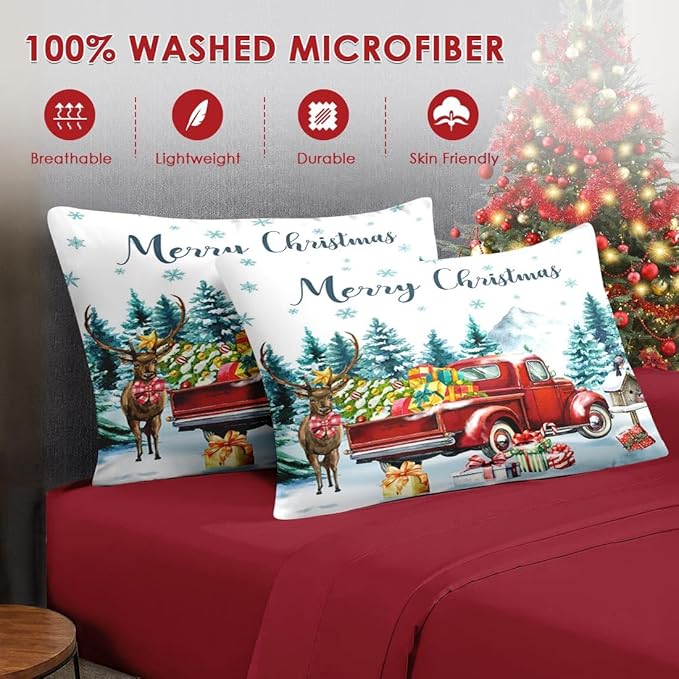 7 Pcs Full Size Christmas Comforter Set with 2 Pillowcases & 2 Shams, Red Vintage Truck Elk Bedding for Kids and Adults, Winter Forest Bed in a Bag with Flat Fitted Sheet