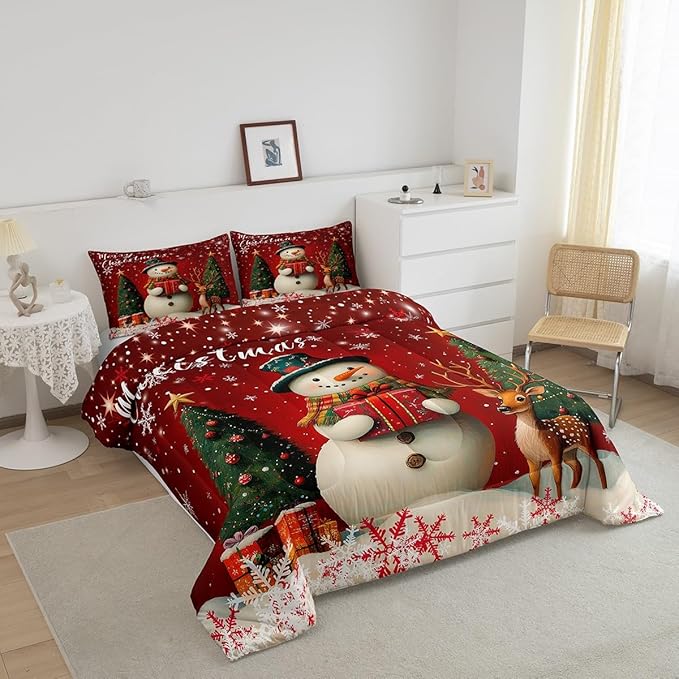 Manfei Merry Xmas Bedding Set King Size,Cute Deer Snownman Comforter Set for Kids Boys Teens Adult Room,Christmas Tree Gift Down Comforter Soft Quilt with 2 Pillow Cases