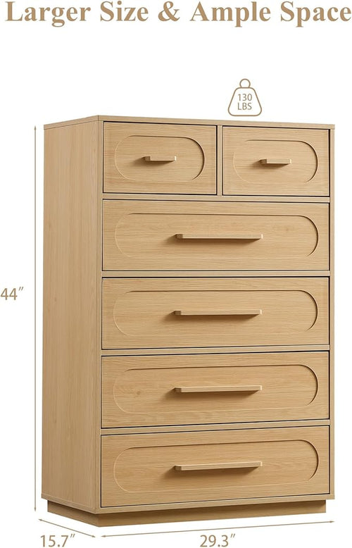 6 Drawers Dresser for Bedroom, 44" Tall Mid Century Modern Chest of Drawers with Solid Wood Handle, Large Wood Storage Dresser Organizer for Bedroom, Living Room, Natural Oak