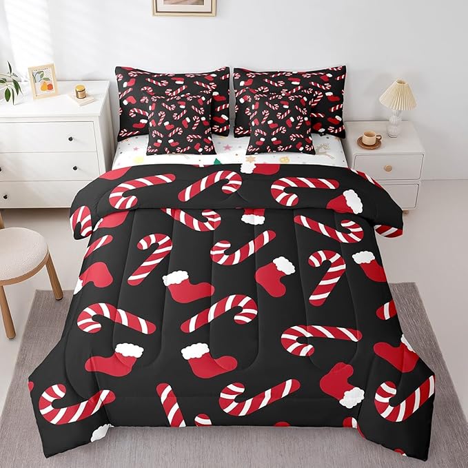 Merry Christmas Kids Bedding Set Xmas Theme Comforter Set with Sheets for Boys Girls Christmas Stockings Candy Decor Bed in a Bag Red Black Xmas Theme Bed Set 7Pcs Queen Size