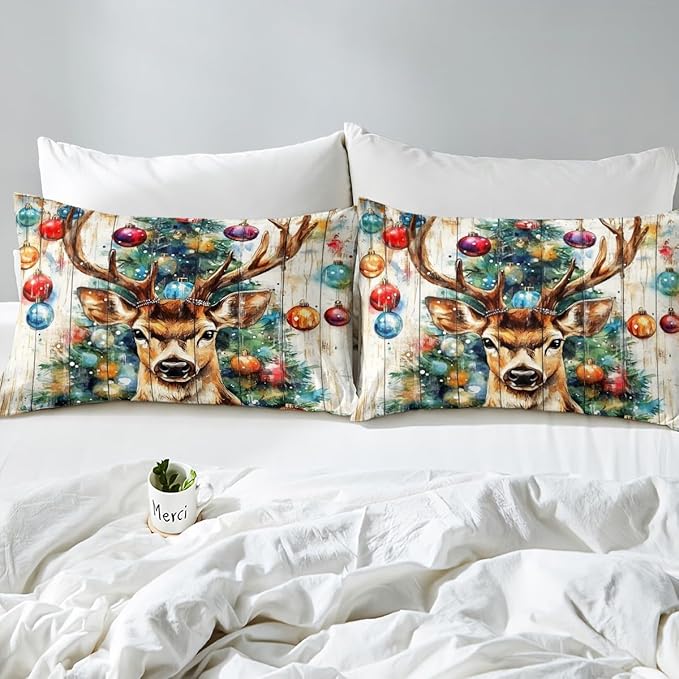Cabin Deer Duvet Cover Set Full Size,Tie-dye Christmas Tree Wooden Plank Rustic Bedding Set,Boys Girls Room Decor,Wild Animal Farmhouse Comforter Cover,Brown Quilt Cover,2 Pillowcases,No Comforter