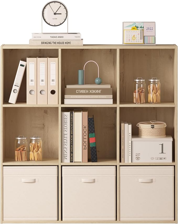 Bookshelf 9-Cube Storage Organizer, Sturdy Wooden Bookcase with Closed Back Panel, Multipurpose Display Shelf for Home Office, Bedroom, Study, 35.98" L x 9.45" W x 35.91" H, White Oak