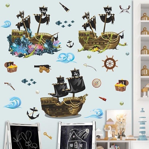 4 Sheet Pirate Ship Wall Sticker Shipwreck Wall Decal DIY Self-Adhesive Waterproof Waves Treasure Fish Hook Pearl Coral Reef Wall Art Decoration for Bathroom Kids Boys Bedroom Playroom Nursery