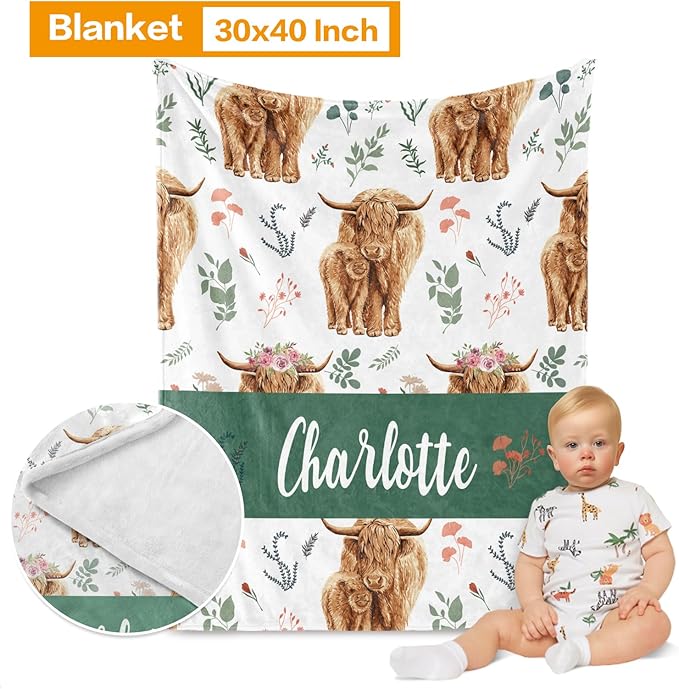 Custom Crib Bedding Set - Highland Cow Design Personalized Name Baby Nursery Bedding 3 Pcs Set - Chic Soft Blanket, Sheet, Pillowcase for Newborns Boys Girls Gifts Color23