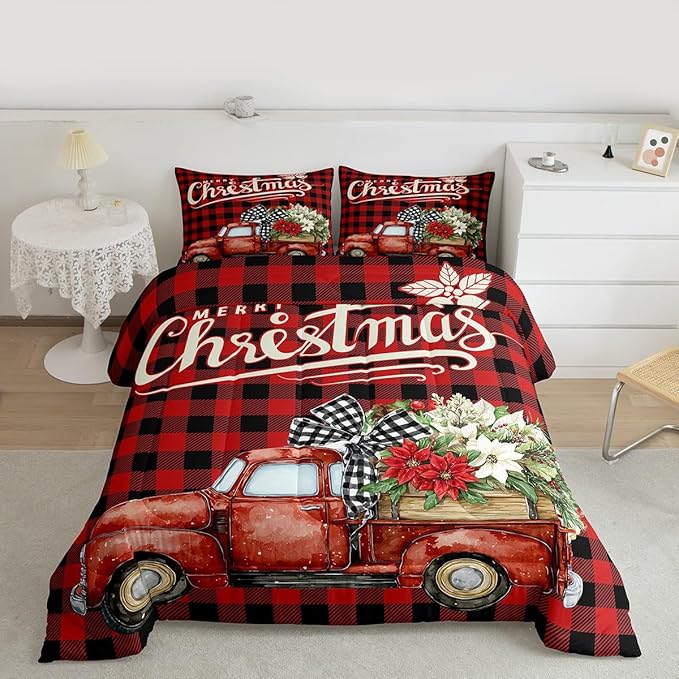 Kids Christmas Truck Comforter Set Twin Size,Floral Leaves Romantic Bedding,Girls Boys Adults Bedroom/Xmas Cabin Decor,Geometric Plaid Retro Down Comforter,Rustic Farm Duvet Insert,1 Pillowcase