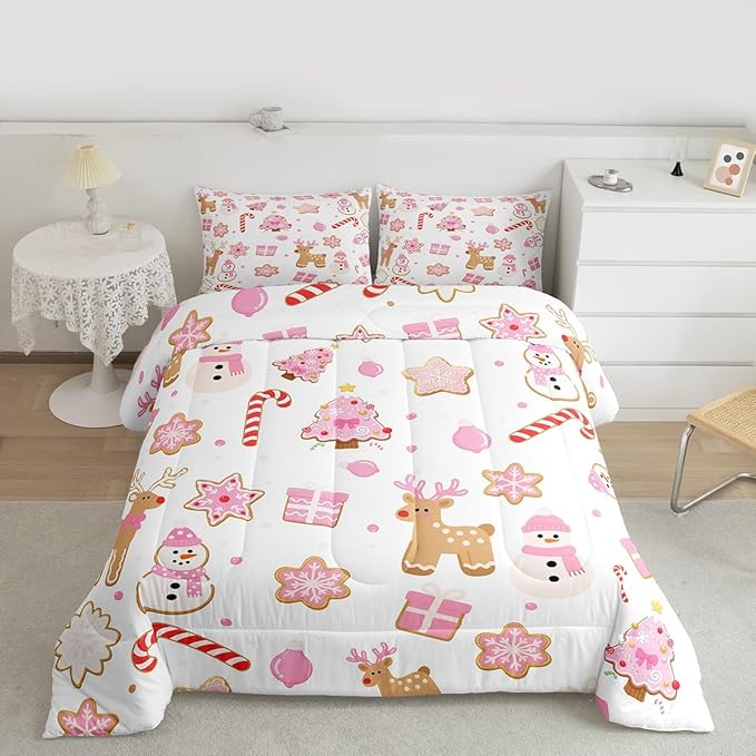 Feelyou Pink Christmas Comforter Set King Size Snowman Deer Bedding Set for Kids Boys Girls Snowflake Duvet Quilt Bedroom Decor Microfiber 3 Pcs with 2 Pillow Cases