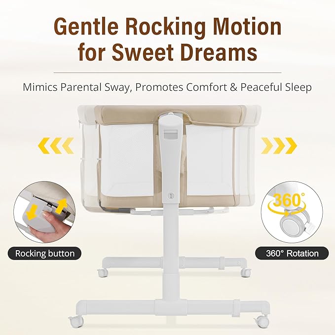Baby Bassinet Bedside Sleeper 3-in-1, Easy Night Feeding with One-Side Fold & Rolling Wheels, Breathable Mesh, 6-Height Adjustable, Soft Mattress for Newborns