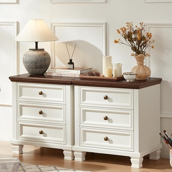 Farmhouse Bedroom Dresser and Nightstand Set of 4, 6 Drawer Tall & 5 Drawers Dresser & 3 Drawer Nightstand Set with Wooden Legs, Rustic Wood Furniture for Bedroom, Hallway, White