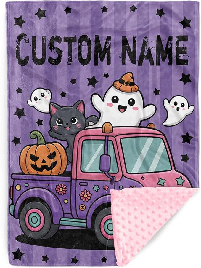 Personalized Halloween Blanket for Baby Girls, Custom Baby Blanket with Name, Ghost Pumpkin Truck Pattern Soft Minky Dot Blanket, Halloween Decor Christmas Birthday Gifts for Kids Toddlers