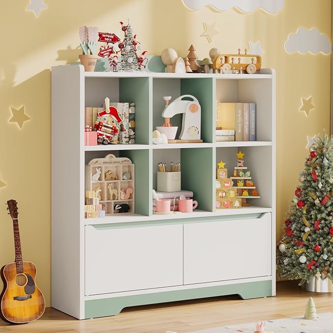 Kids Bookshelf,2 Tier Kids Book Shelf for Kid Rooms with 2 Doors,6 Cubes Storage Organizer,Wood Children Bookcase,Toy Storage Organizer,Freestanding Book Display Shelf for Playroom WhiteGreen