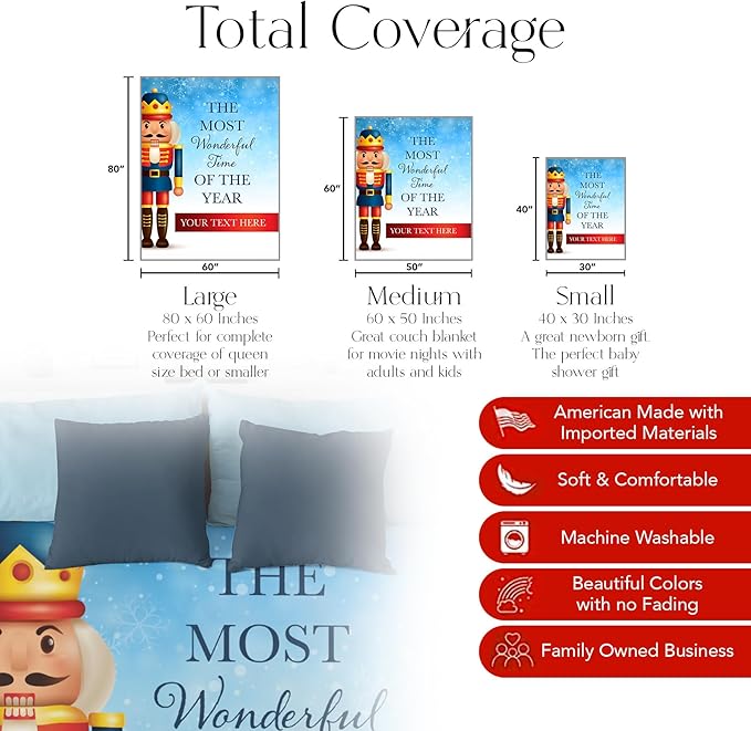 Personalized Nutcracker Christmas Blanket - Ships Next Day, Printed in USA - Plush Fleece Sofa Throw, Holiday Home Decor, Soft Christmas Bedding, Customizable Toddler to Adult Size (Sherpa 60x80)