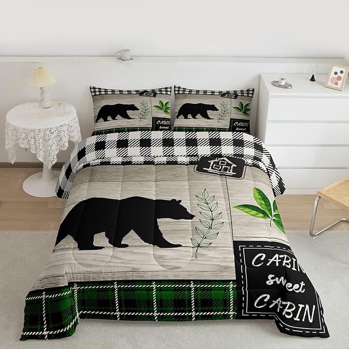 Bear Silhouette Kids Comforter Set King Size,Leaves Wooden Plank Bedding,Girls Boys Adults Bedroom/Xmas Cabin Decor,Geometric Grids Retro Down Comforter,Rustic Farmhouse Duvet Insert,2 Pillowcases