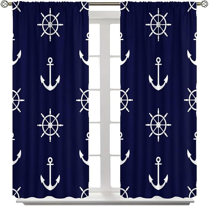 Nautical Rudder Curtains,MarineThemed Oceanic Anchor Pattern Blackout Print Home Bedroom Living Room Window Treatments 2 Panel Set 84x84 Inch