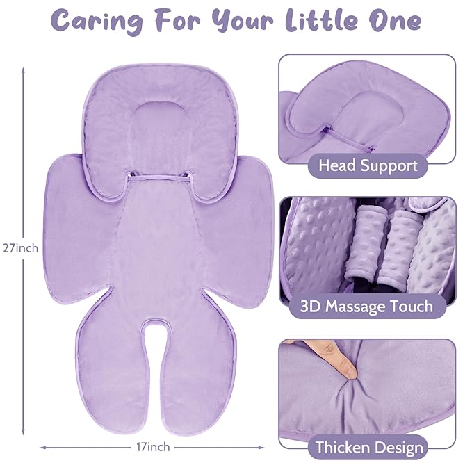 2 in 1 Infant Car Seat Insert Head and Body Support Set, Reversible Newborn Insert for Carseat with 3 Extra Strap Paddings, Soft Stroller Cushion Pillow Insert Girls, Fits for Stroller, Swing, Purple