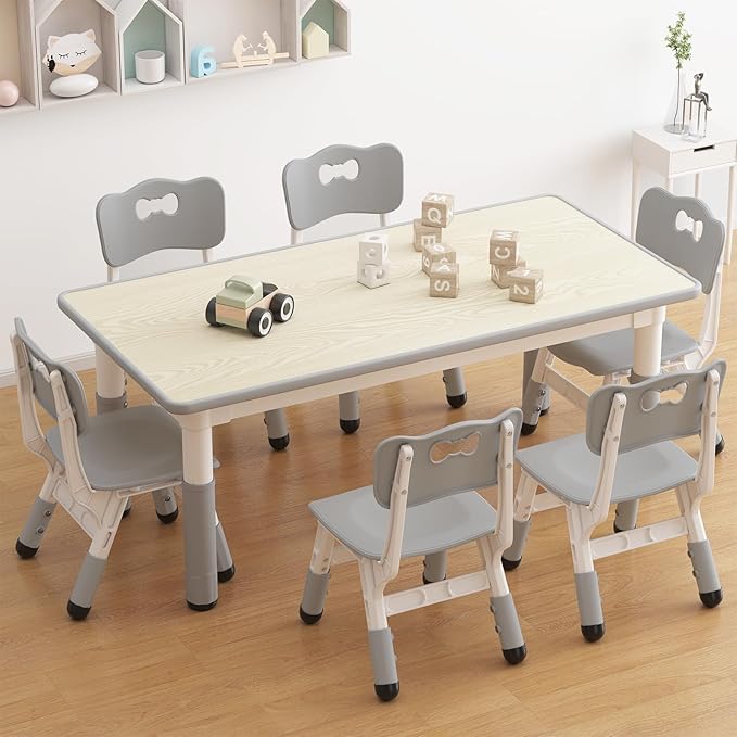 GAOMON Kids Table and 6 Chairs Set, Height Adjustable Toddler Table and Chair Set for Ages 2-10, Graffiti Desktop, Non-Slip Legs, Children Activity Table for Daycare Classroom Home