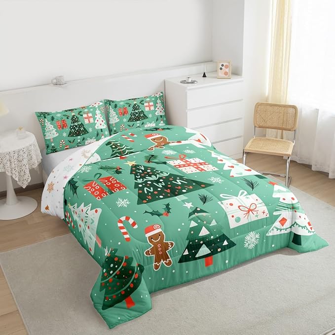 Feelyou Christmas Bedding Set Soft for Boys Girls, Xmas Tree Snowflake Comforter Set King Size Gingerbread Man Duvet Quilt Microfiber New Year Gift Bedroom Decor 3 Pcs with 2 Pillow Cases