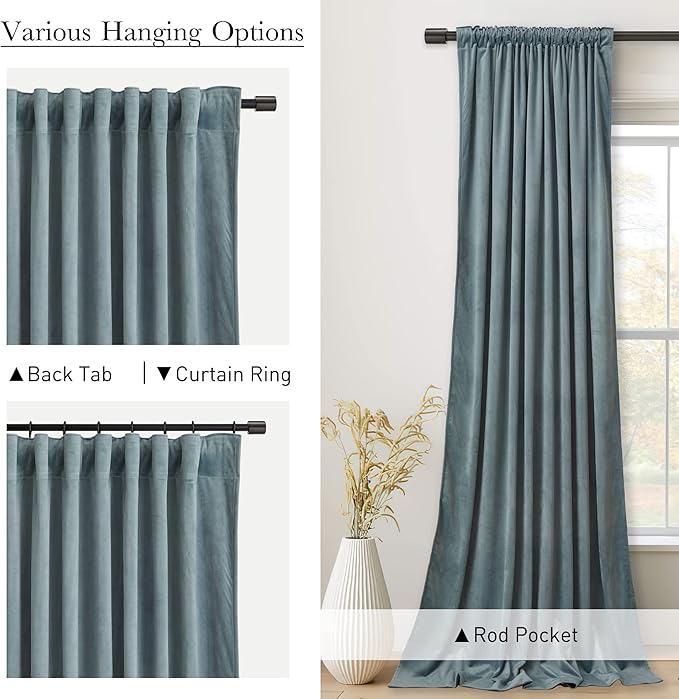 StangH Stone Blue Velvet Curtains - Back Tab Nursery Kids Room Window Treatment Thick Room Darkening Privacy Protect Panels for Bedroom/Office, W52 x L84, 2 Panels