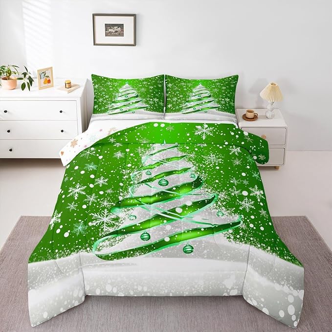 Feelyou Merry Christmas Comforter Set All Season Christmas Tree Bedding Set with 2 Pillow Cases Snowflake Microfiber Kids King Bedclothes Winter Bedroom Decor Duvet Quilt Breathable Soft