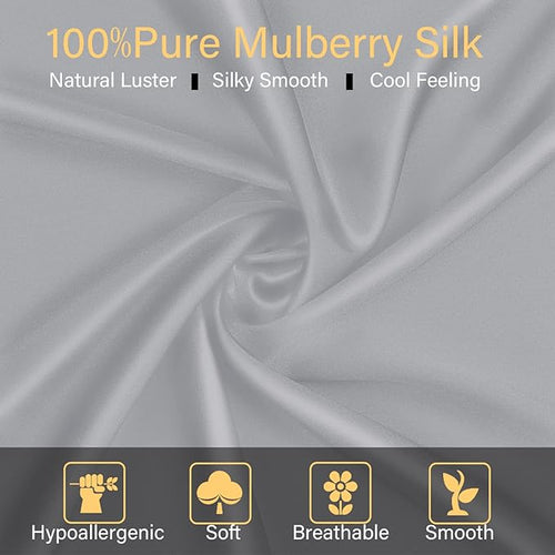 100% Mulberry Silk Pillowcase 2 Pack for Hair and Skin,with Hidden Zipper,Both Sides 22 Momme Natural Silk Pillow Cover,Soft Breathable & Smooth (Gray, Queen)