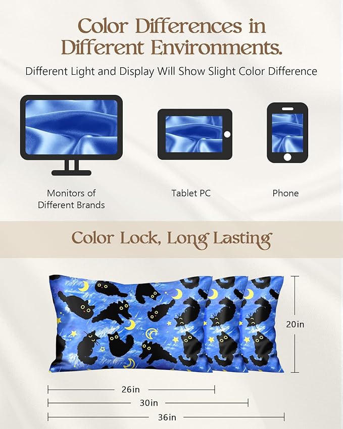Silk Pillowcase 2 Pack - Pillow Cases 20" x 36" King Size Set of 2 for Hair and Skin Smooth Soft Breathable with Hidden Zipper Cooling Pillow Covers for Sleeping, Blue Moon Cat