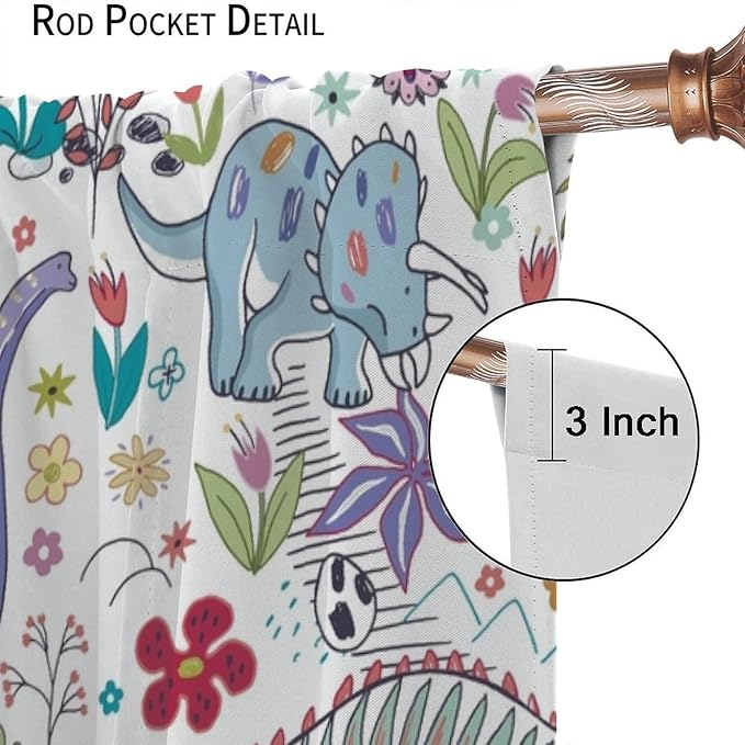 Dinosaur Curtains Cartoon Cool Funny Dino Tropical Plant Leaves Flowers Aesthetics Art Print for Kids Boys Bedroom Living Room Rod Pocket Decoration Window Drapes 2 Panels W42xL84in