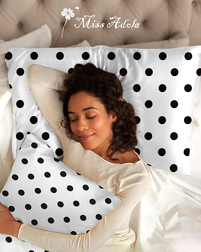 Silk Pillowcase 2 Pack - Pillow Cases 20" x 30" Queen Size Set of 2 for Hair and Skin Smooth Soft Breathable with Hidden Zipper Cooling Pillow Covers for Sleeping, White Black dot
