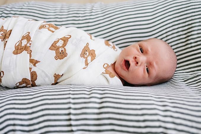 Mebie Baby Teddy Bear Muslin Swaddle, Modern and Neutral Blanket for Baby Girl or Boy, 0-3 Month, Comfy Wrap