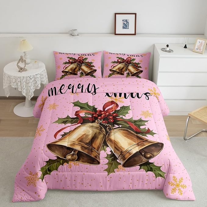 Erosebridal Merry Xmas Twin Kids Comforter Sets Christmas Bell Bedding Sets for Girls Happy New Year Theme Down Comforter for Boys Teens Snowflake Quilt Set,Pink