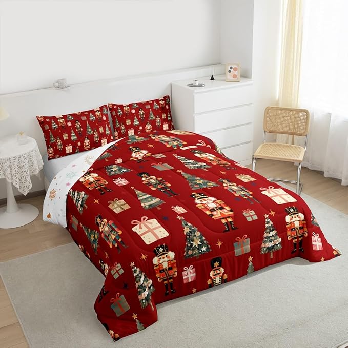 jejeloiu Xmas Nutcracker Comforter Set King Size Christmas Red Bedding Set for Kids Boys Girls Cute Snowflakes Duvet Quilt Bedroom Decor