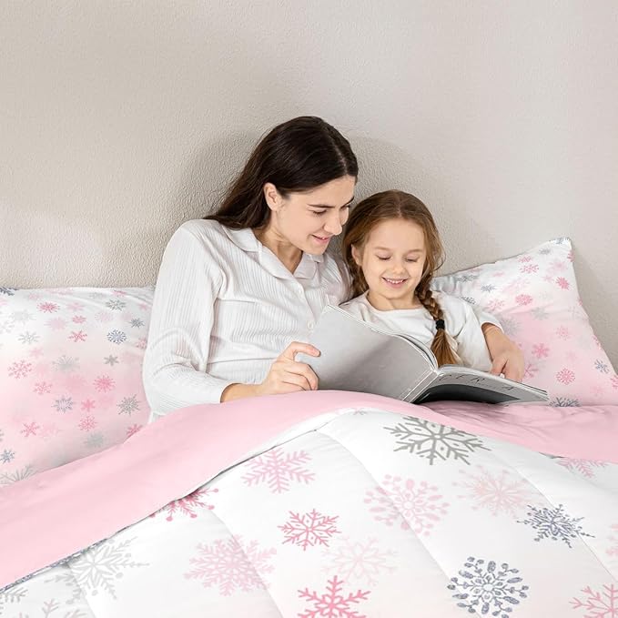 Feelyou Pink Snowflake Comforter Set Full, Glitter Snowflake Comforter for Boys Girls Winter Theme Bedding Set Winter Holiday Duvet Set Decorative 3Pcs