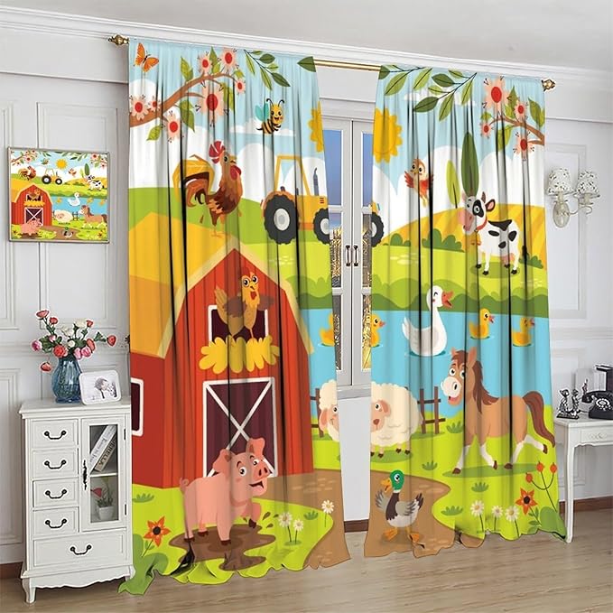 Farmhouse Curtains, Farm Scene Cartoon Animals Pattern Blackout Window Treatments, Rod Pocket Thermal Insulated Drapes 2 Panel Sets for Children Boys Bedroom Nursery Classroom, 42" W X 63" L