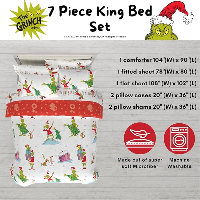 Grinch by Dr. Seuss Holiday & Christmas Bedding Super Soft Comforter and Sheet Set with Sham, 7 Piece King Size (Official Dr. Seuss Product) by Franco