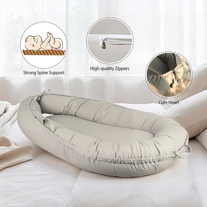 Baby Lounger - Baby Lounger for Newborn 0-24 Months, Soft Breathable Cotton Infant Lounger Cover, Portable Baby Nest for Travel, Newborn Essentials (Silver)
