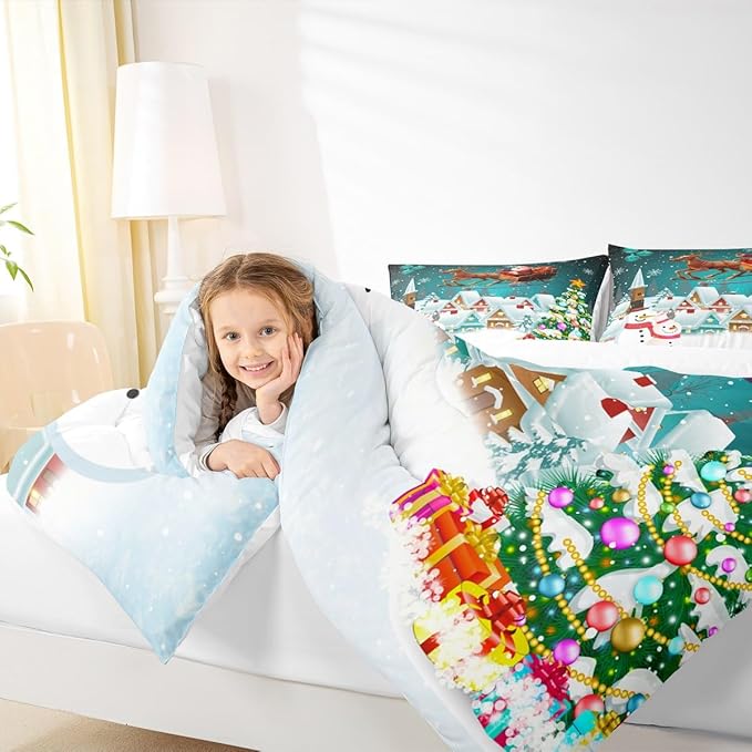 Manfei Christmas Comforter Set Queen Size, Xmas Tree Snowman Bedding Set 3pcs for Kids Boys Girls Room Decor, Santa Claus with Reindeer Quilt Set New Year Theme Duvet Set with 2 Pillowcases