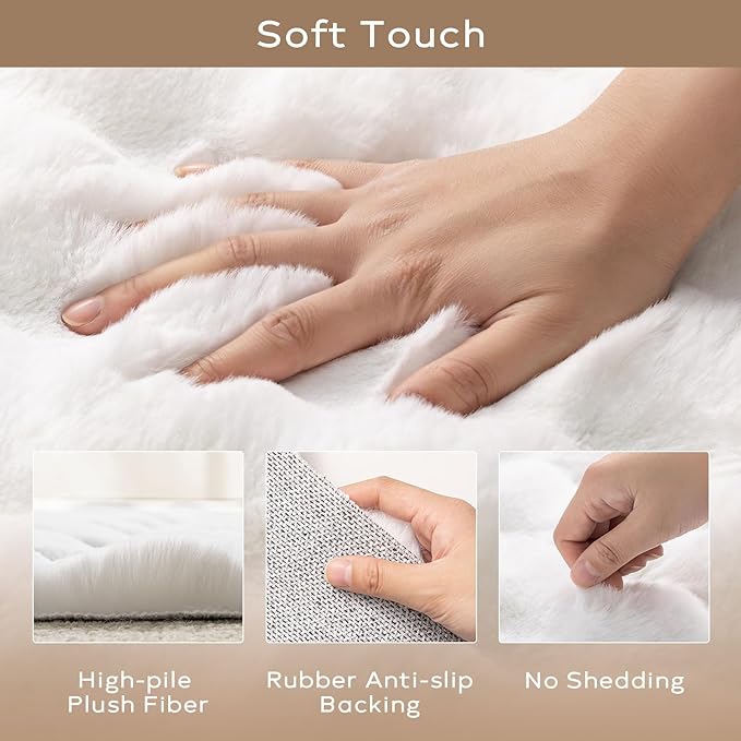Ashler Faux Rabbit Fur Rug, White 2x3 FT Fluffy Soft Runner Area Rugs, Rectangle Fuzzy Carpet for Living Room, Bedroom, Machine Washable Shaggy Nursery - 3D Bubble Mat