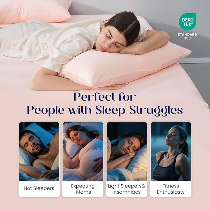 Dream Valley® Queen Sheet Set, Cooling Fitted Sheet with 2 Pillowcase-3 PCS with No Flat Sheet,Q-Max > 0.4 Aerocool, Cooling for Night Sweats, Hot Sleepers,deep Pocket up to 15",Pink Blush