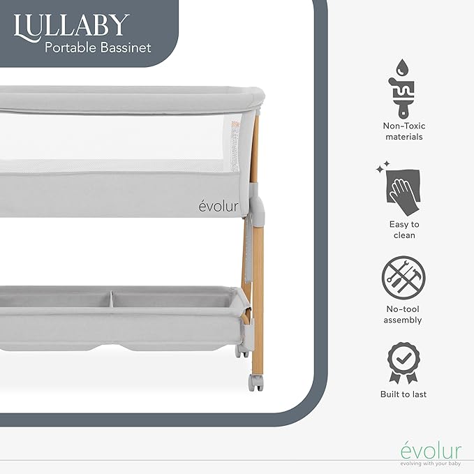 évolur Lullaby Portable Bassinet with Wheels, Adjustable Bedside Sleeper, Breathable Mesh Sides, Large Storage Basket, Easy Fold, and Travel Bag Included, Perfect for Newborns & Infants - Light Gray